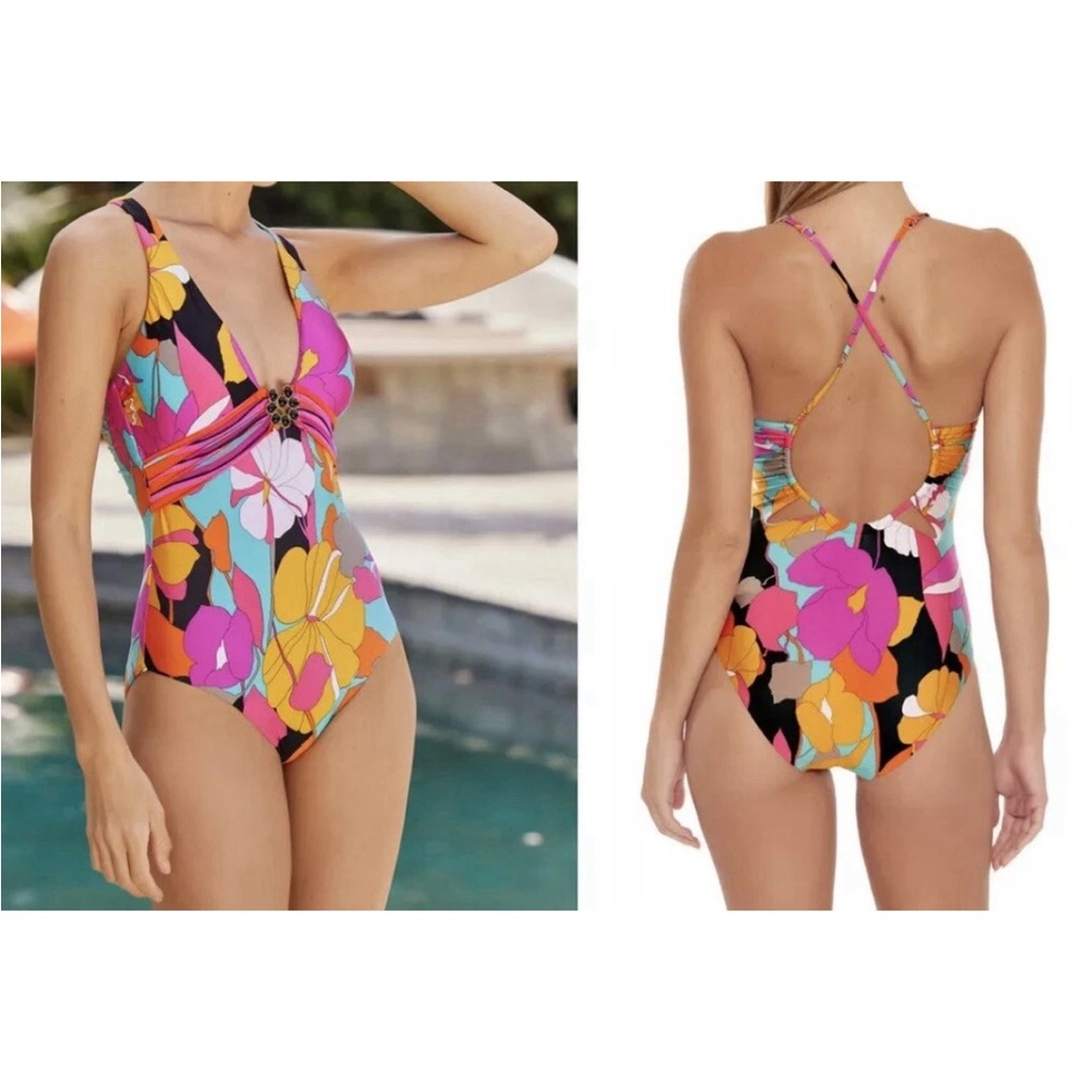 Trina Turk Gemini PLUNGE MAILLOT One Piece Swimsuit Swimwear Bikini Size 10